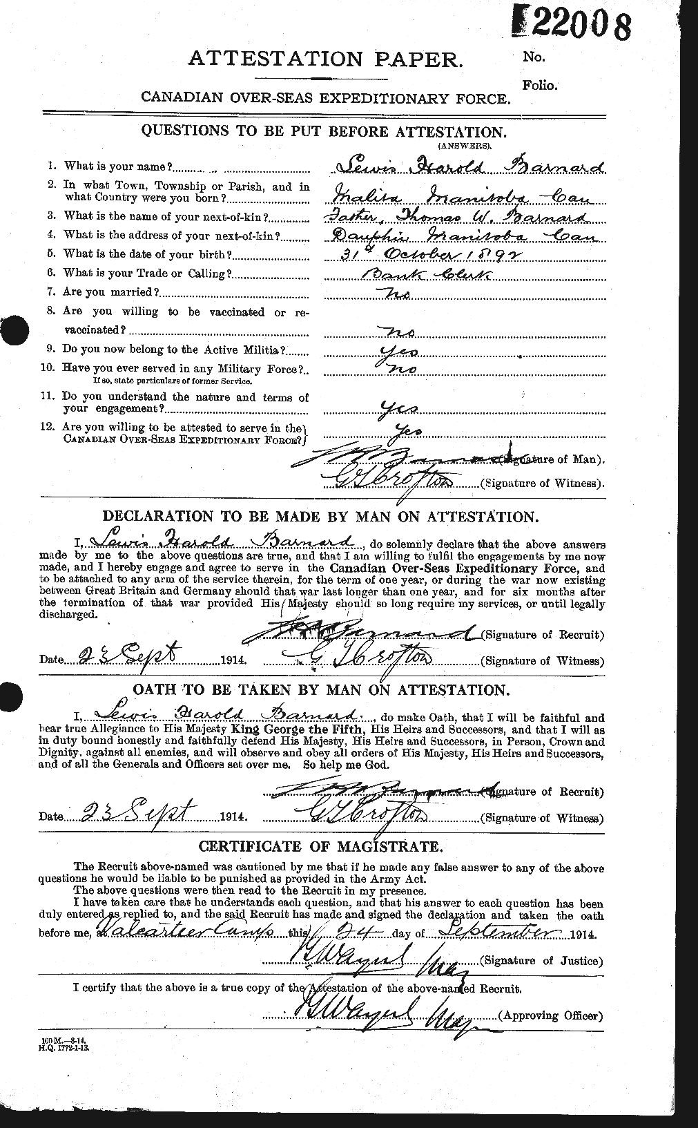 Dossiers du Personnel de la Première Guerre mondiale - CEC 226033a