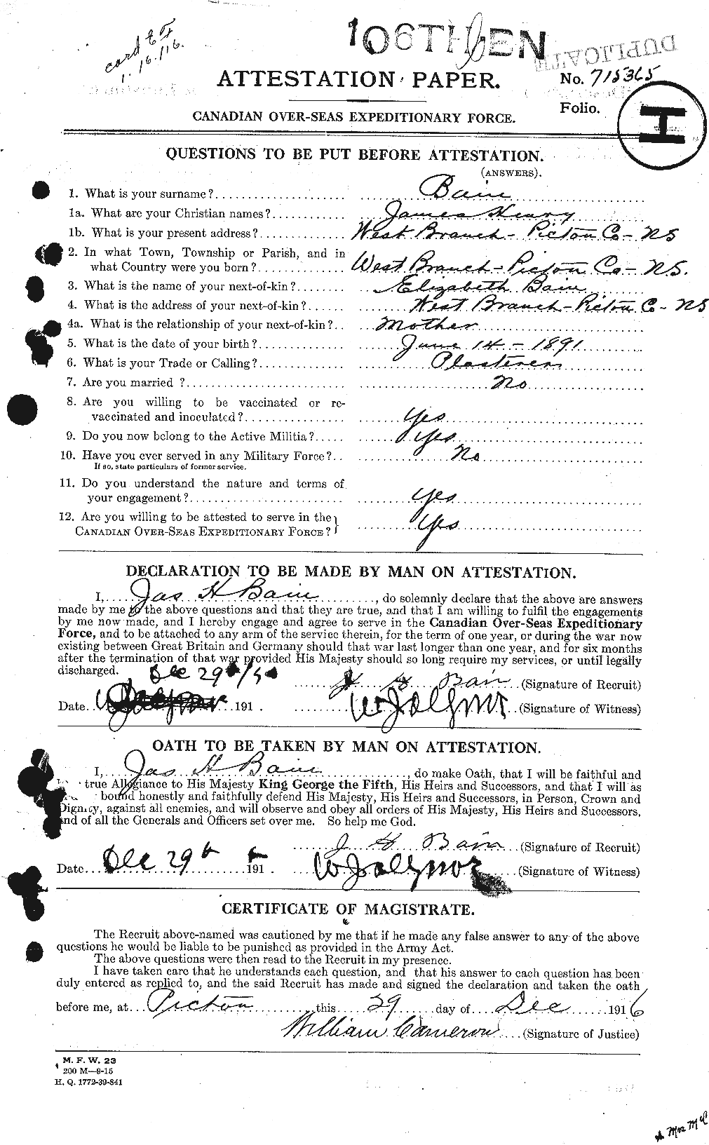 Dossiers du Personnel de la Première Guerre mondiale - CEC 226100a