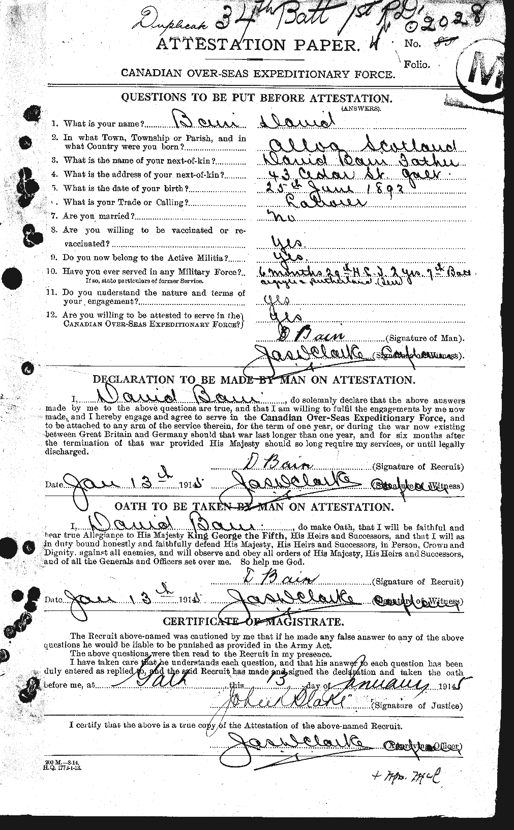 Dossiers du Personnel de la Première Guerre mondiale - CEC 226154a