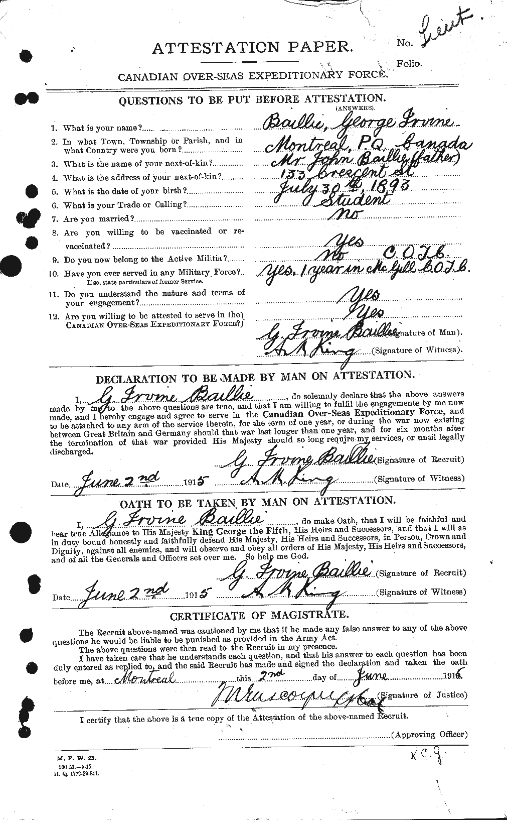 Dossiers du Personnel de la Première Guerre mondiale - CEC 226255a