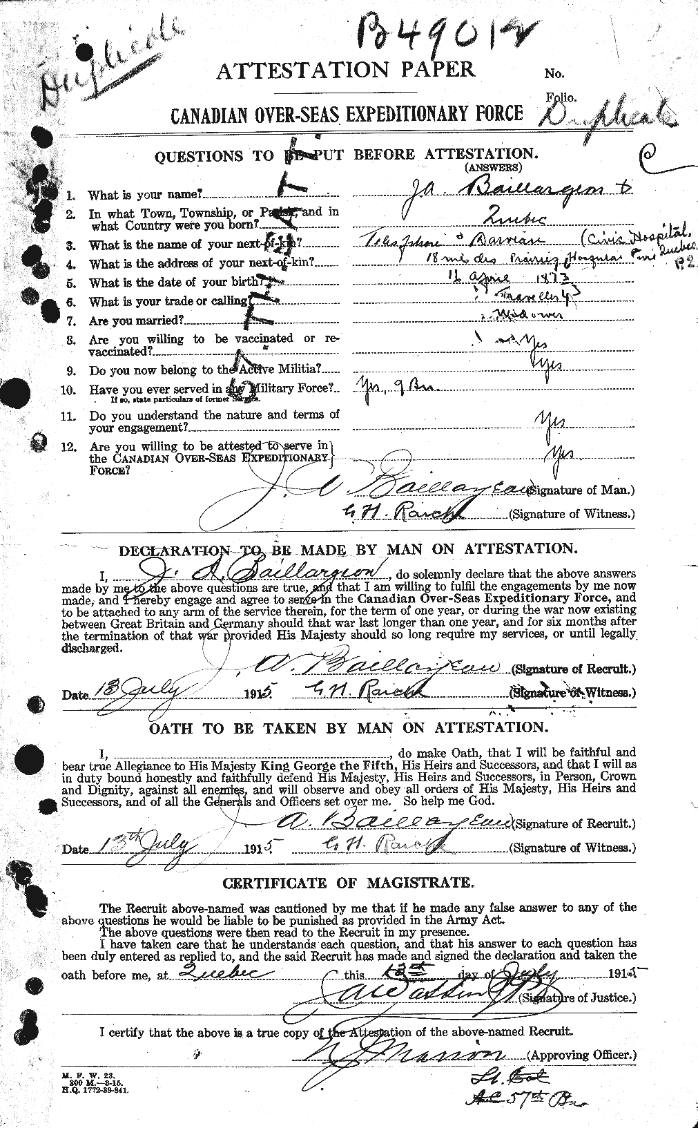 Dossiers du Personnel de la Première Guerre mondiale - CEC 226300a