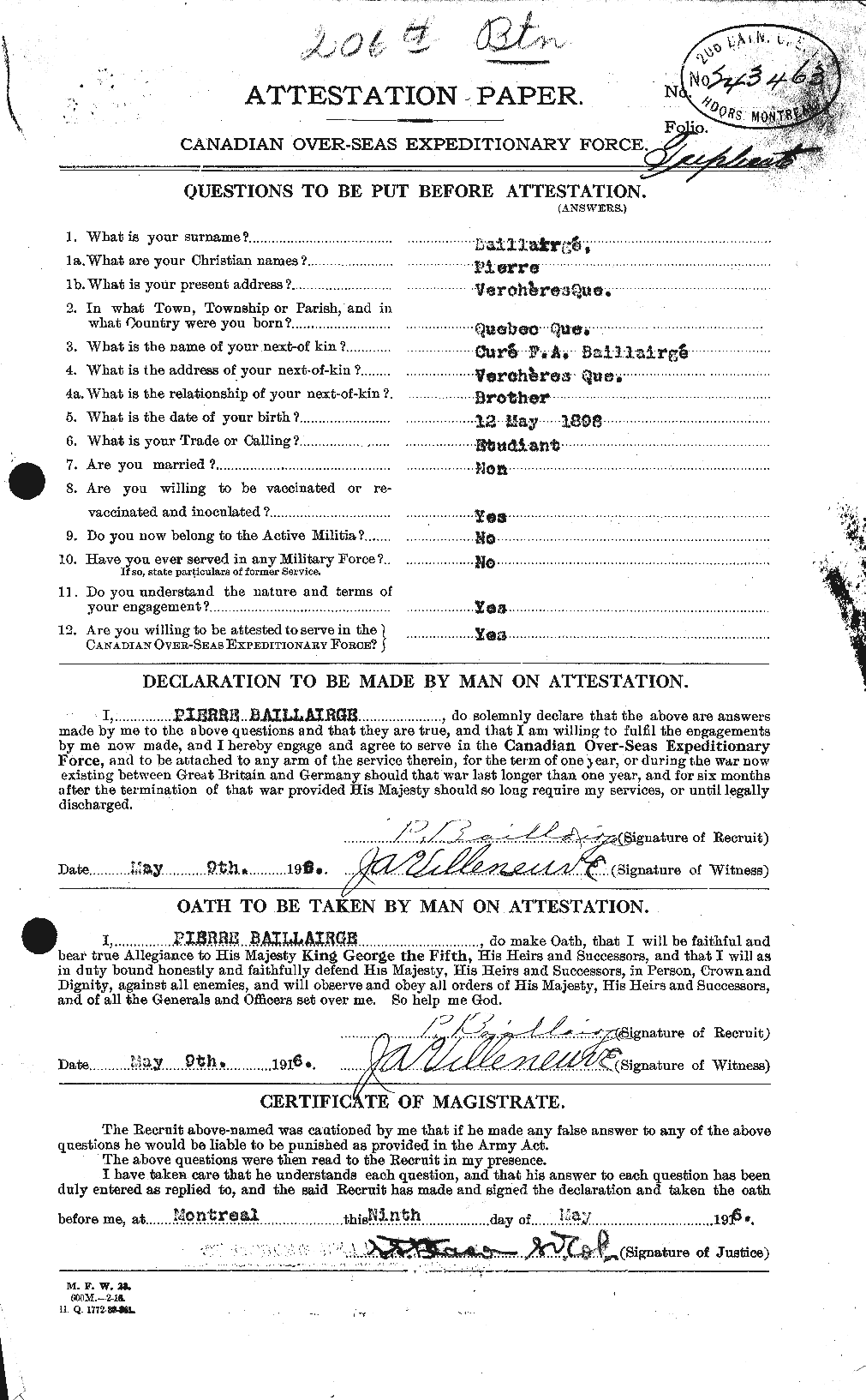 Dossiers du Personnel de la Première Guerre mondiale - CEC 226318a