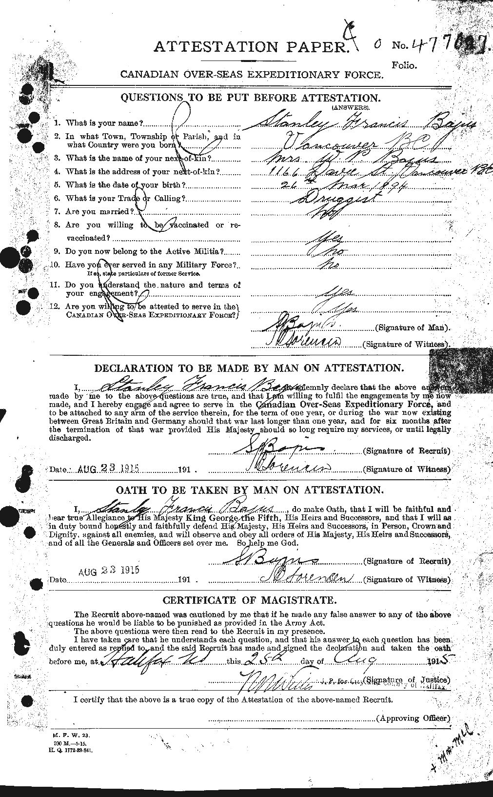 Dossiers du Personnel de la Première Guerre mondiale - CEC 226497a
