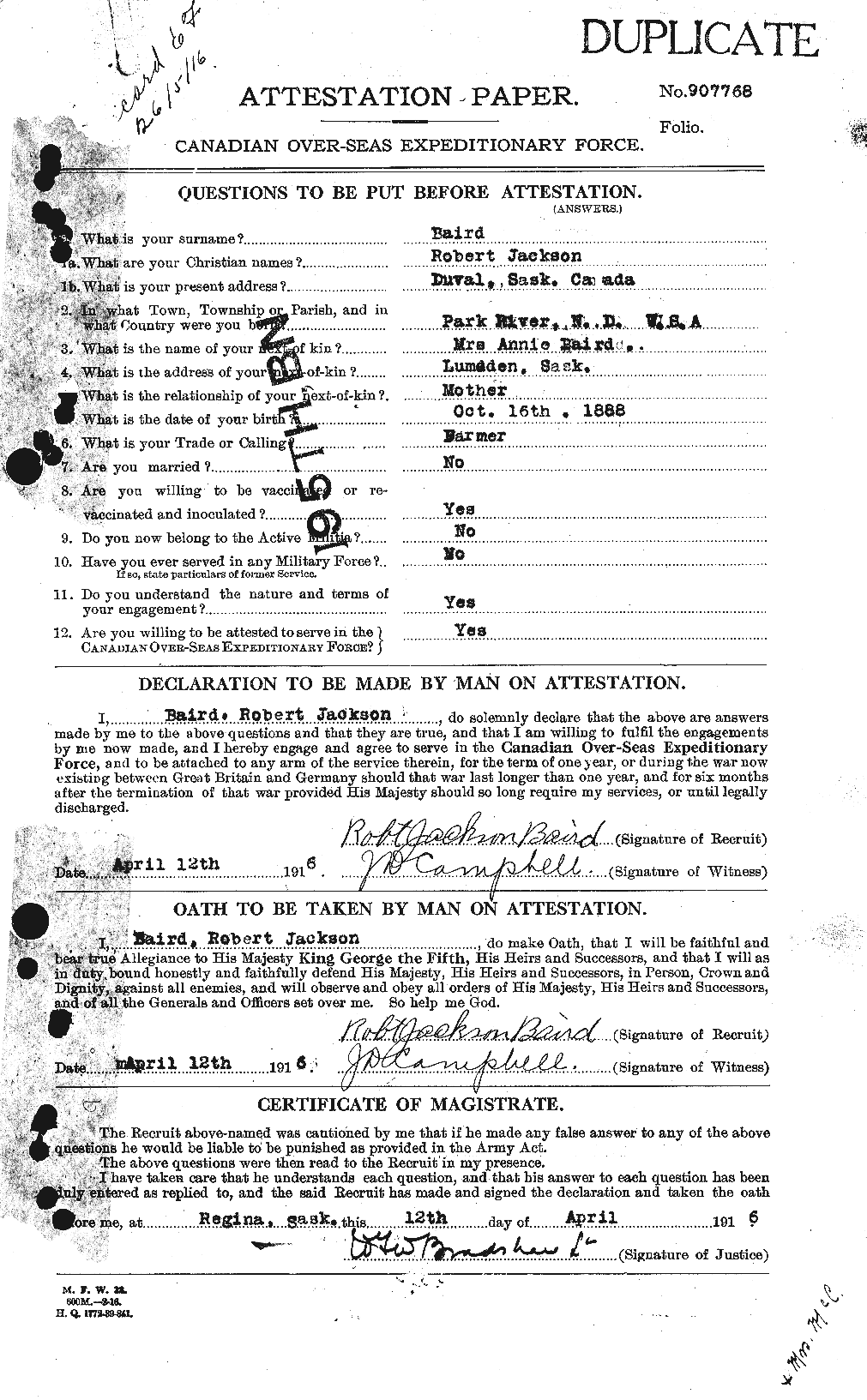 Dossiers du Personnel de la Première Guerre mondiale - CEC 226565a