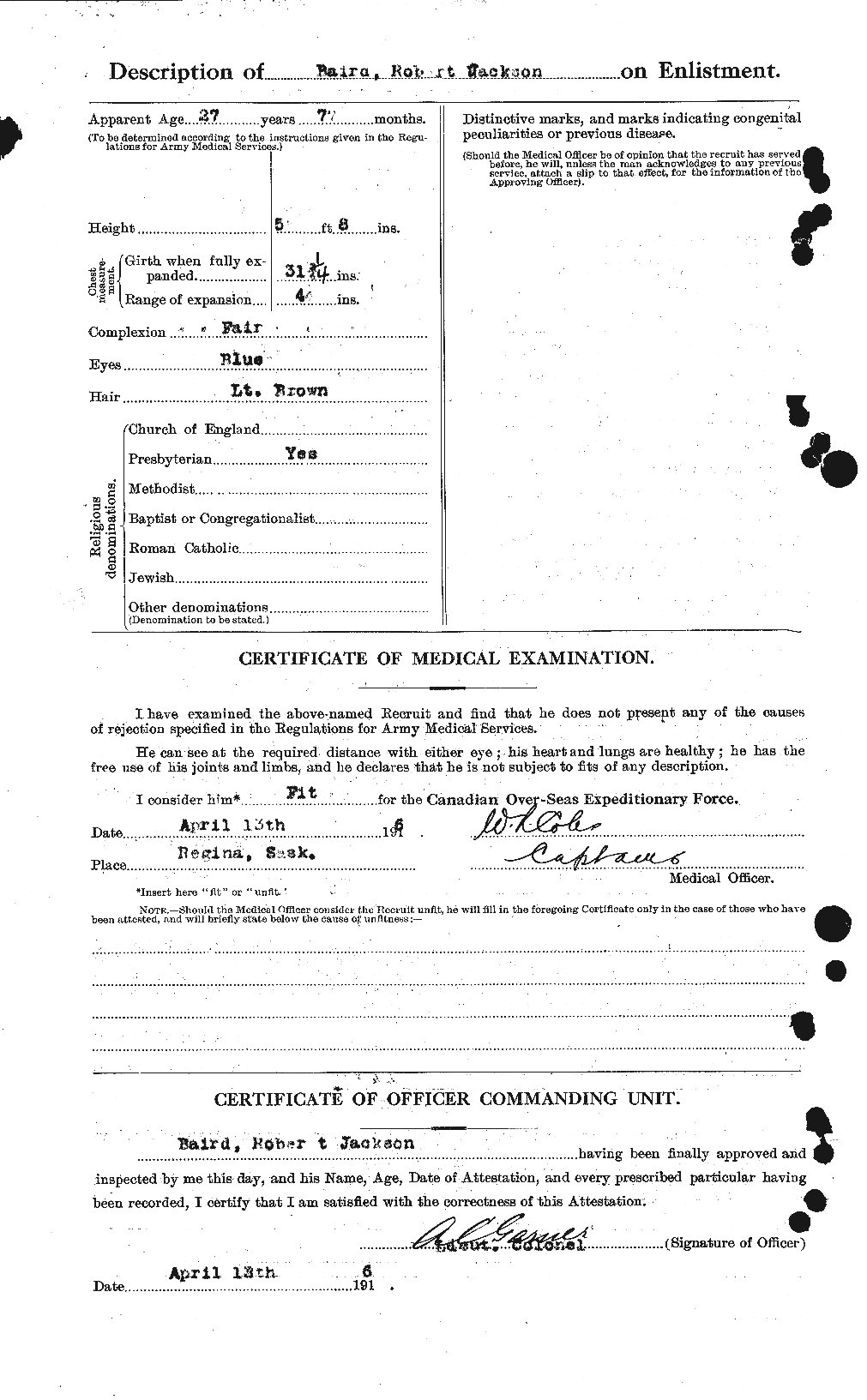 Dossiers du Personnel de la Première Guerre mondiale - CEC 226565b