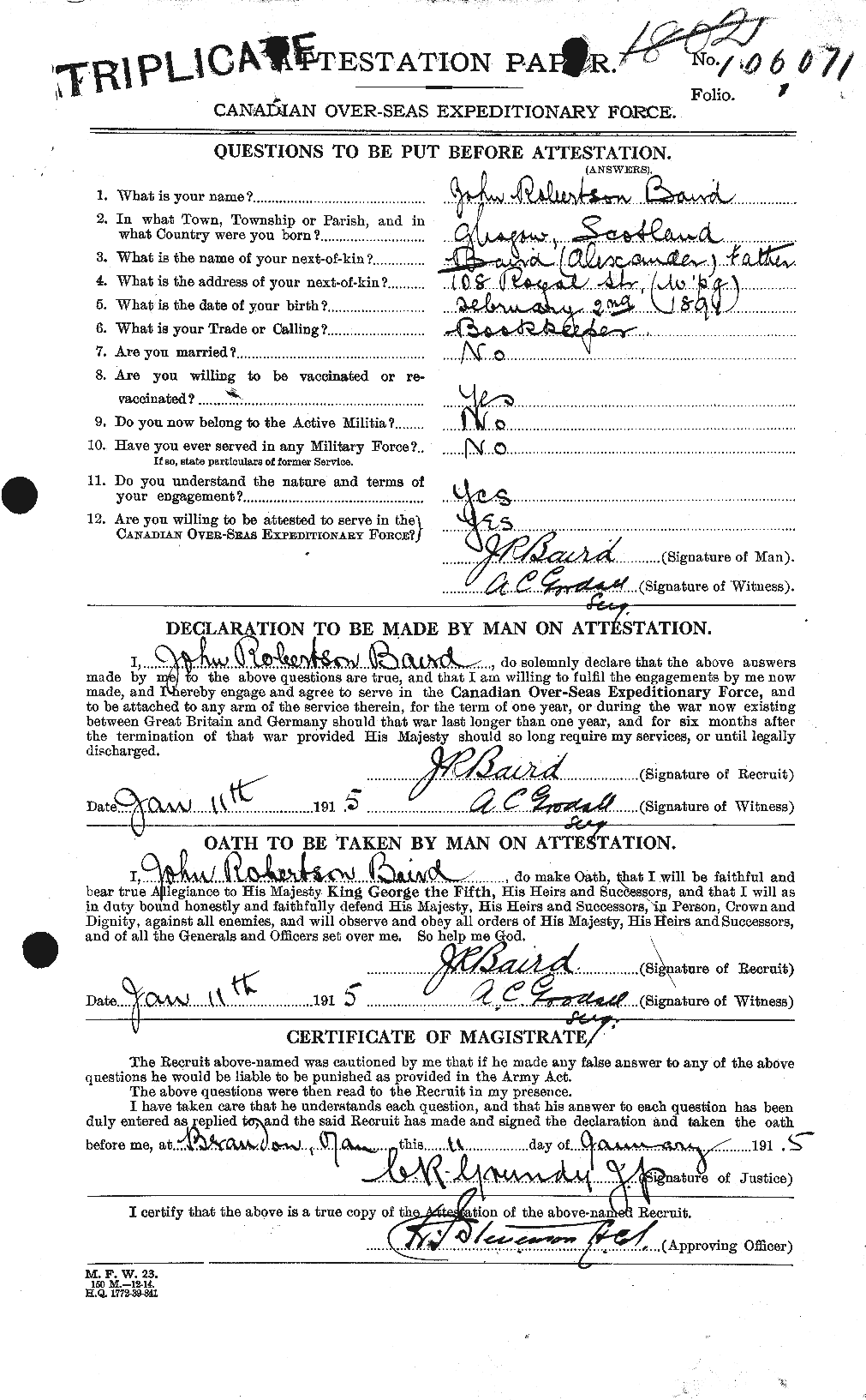 Dossiers du Personnel de la Première Guerre mondiale - CEC 226609a