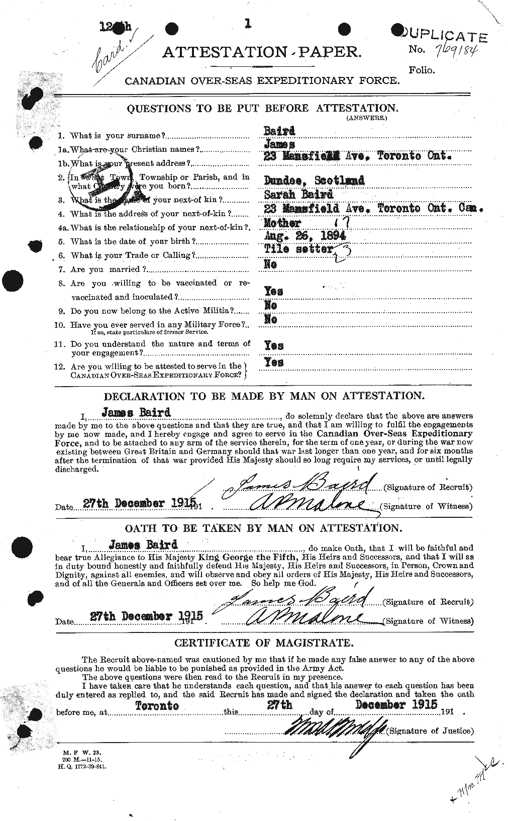 Dossiers du Personnel de la Première Guerre mondiale - CEC 226647a