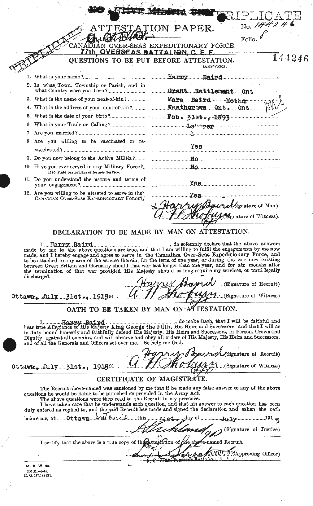 Dossiers du Personnel de la Première Guerre mondiale - CEC 226657a