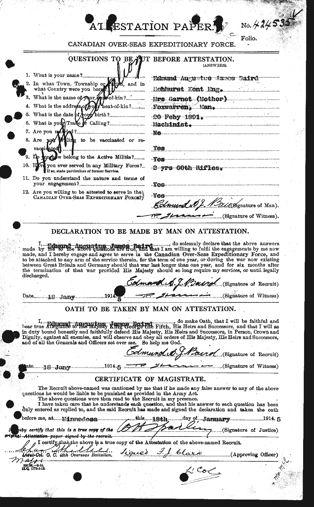 Dossiers du Personnel de la Première Guerre mondiale - CEC 226690a