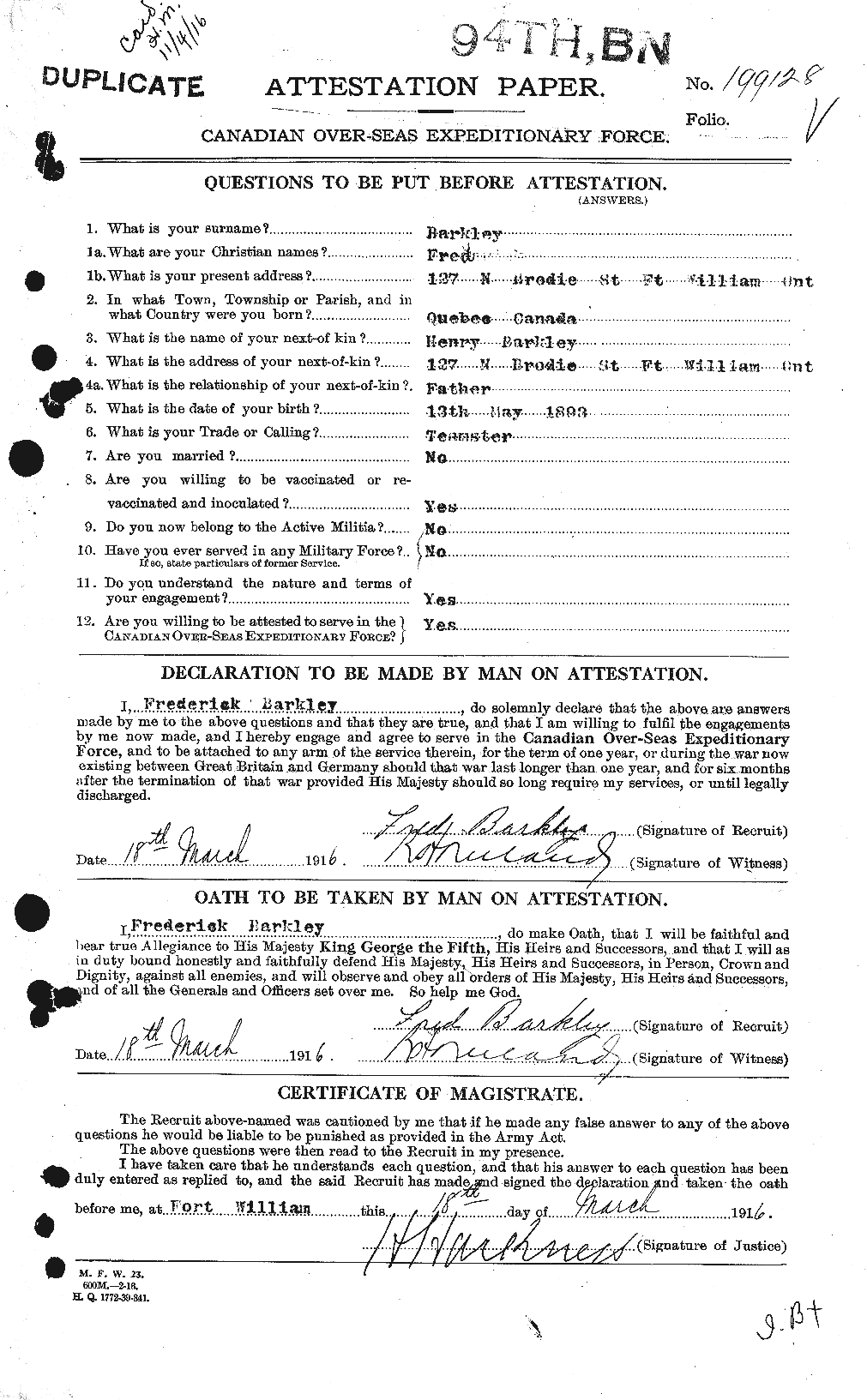 Dossiers du Personnel de la Première Guerre mondiale - CEC 226838a
