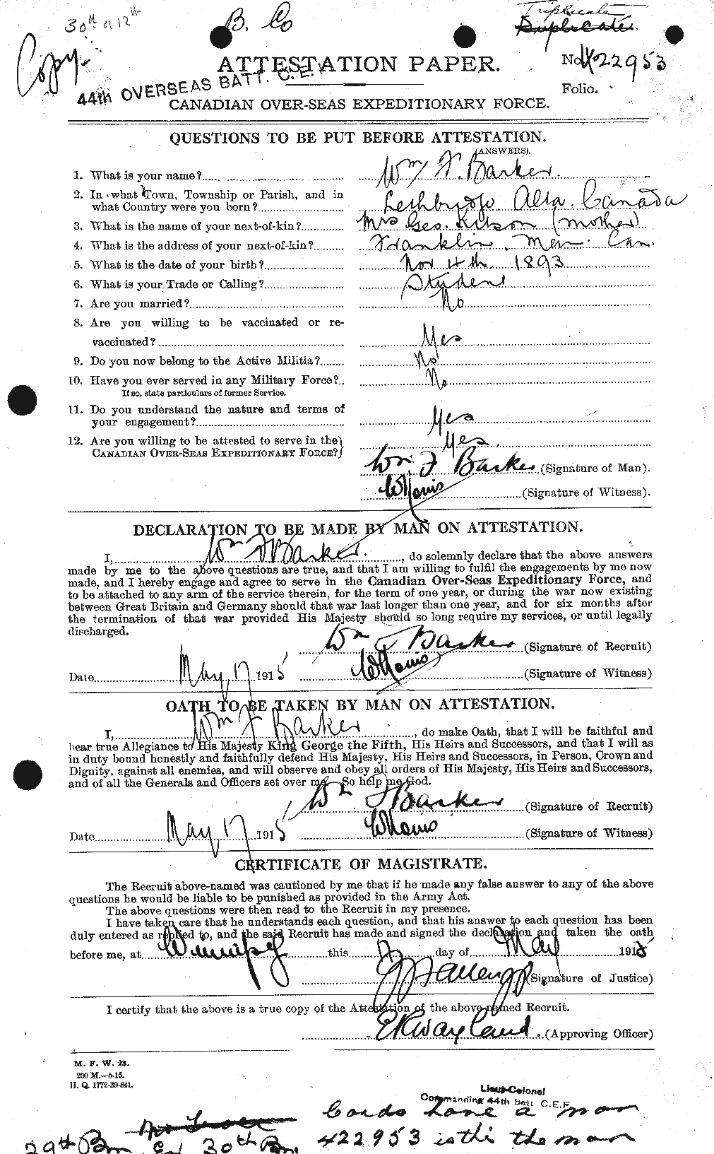 Dossiers du Personnel de la Première Guerre mondiale - CEC 226902a
