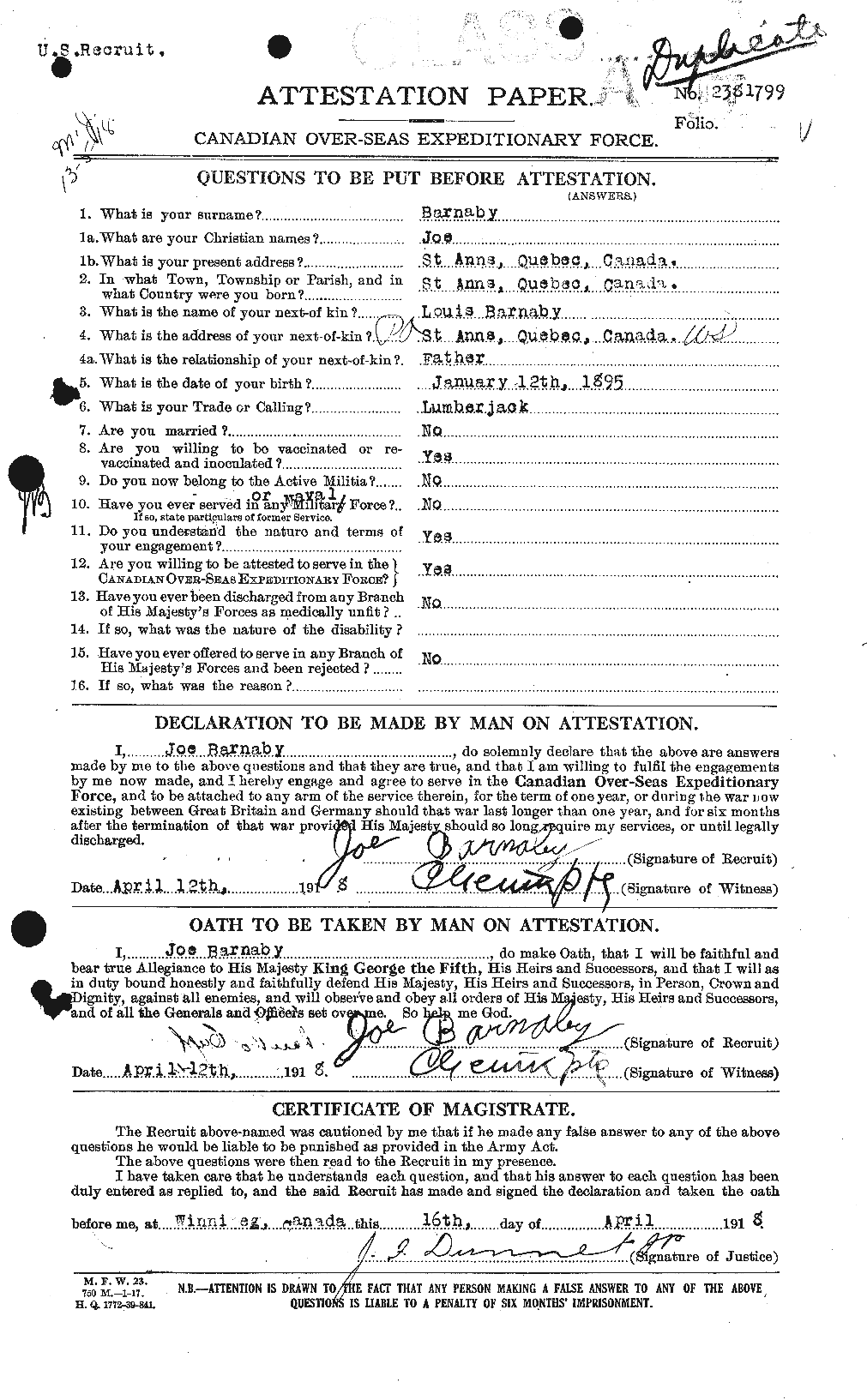 Dossiers du Personnel de la Première Guerre mondiale - CEC 227054a