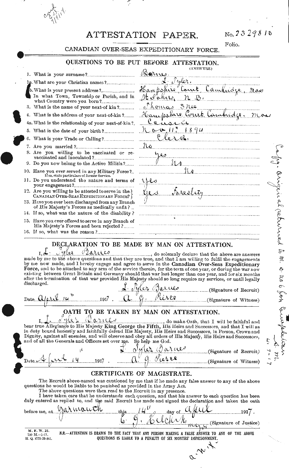 Dossiers du Personnel de la Première Guerre mondiale - CEC 227415a