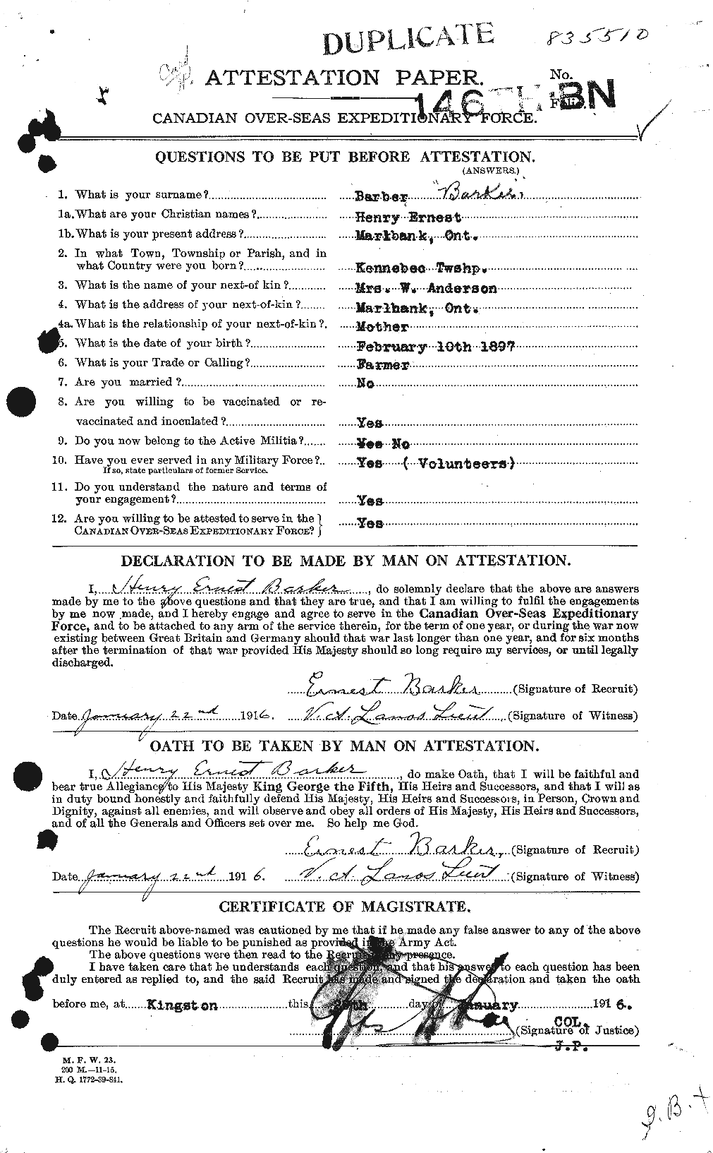Dossiers du Personnel de la Première Guerre mondiale - CEC 227504a