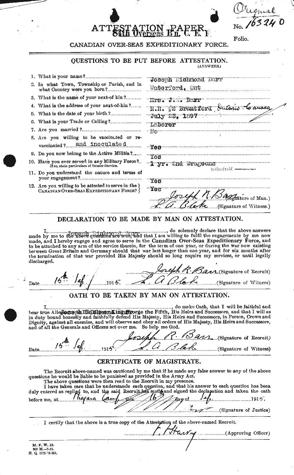 Dossiers du Personnel de la Première Guerre mondiale - CEC 227868a
