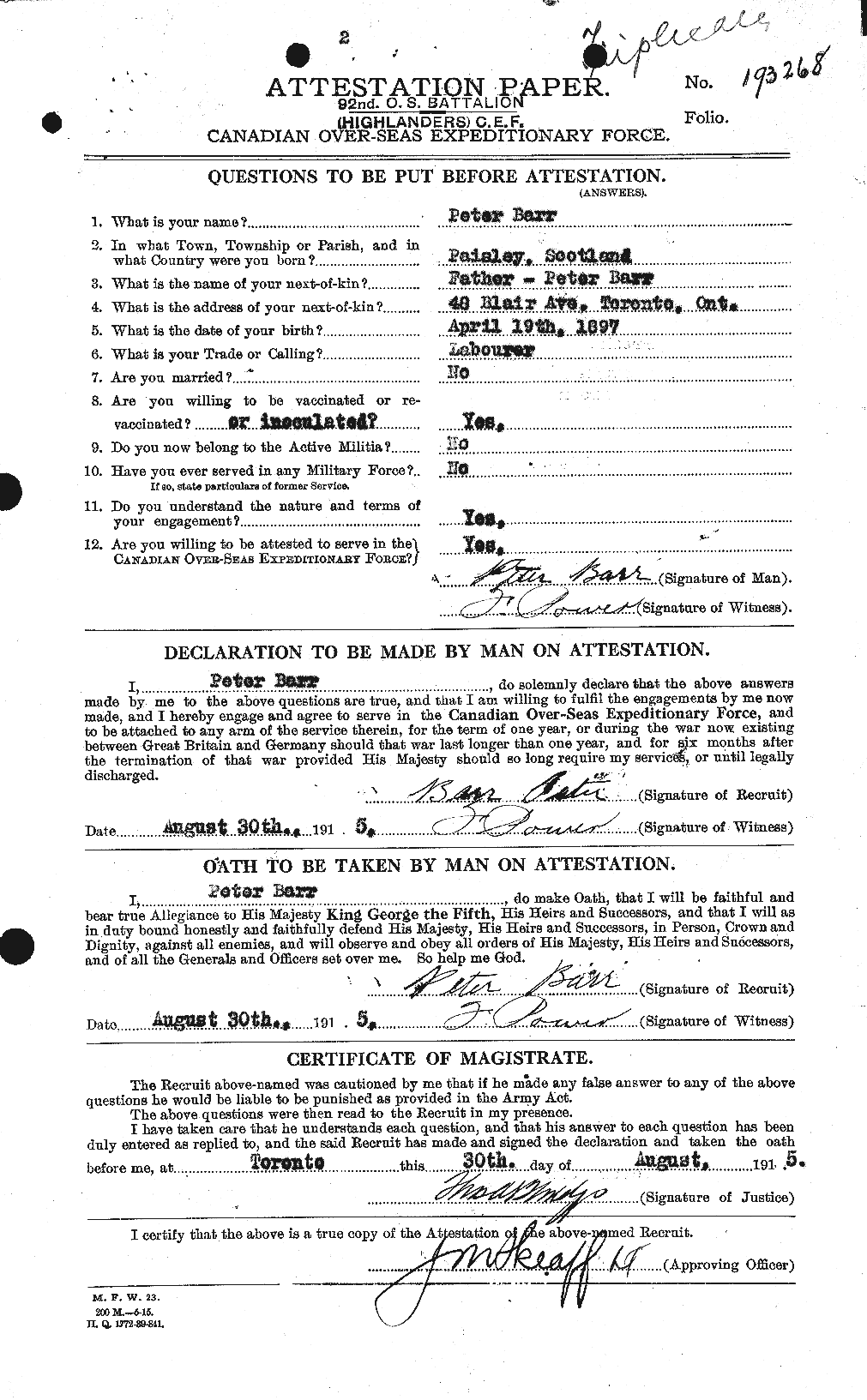 Dossiers du Personnel de la Première Guerre mondiale - CEC 227892a