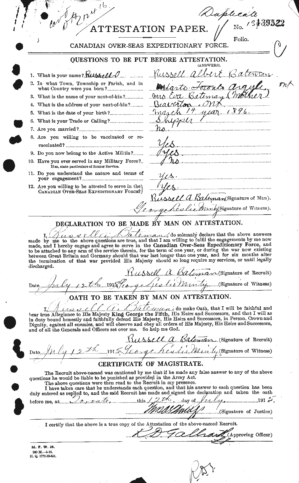 Dossiers du Personnel de la Première Guerre mondiale - CEC 227976a