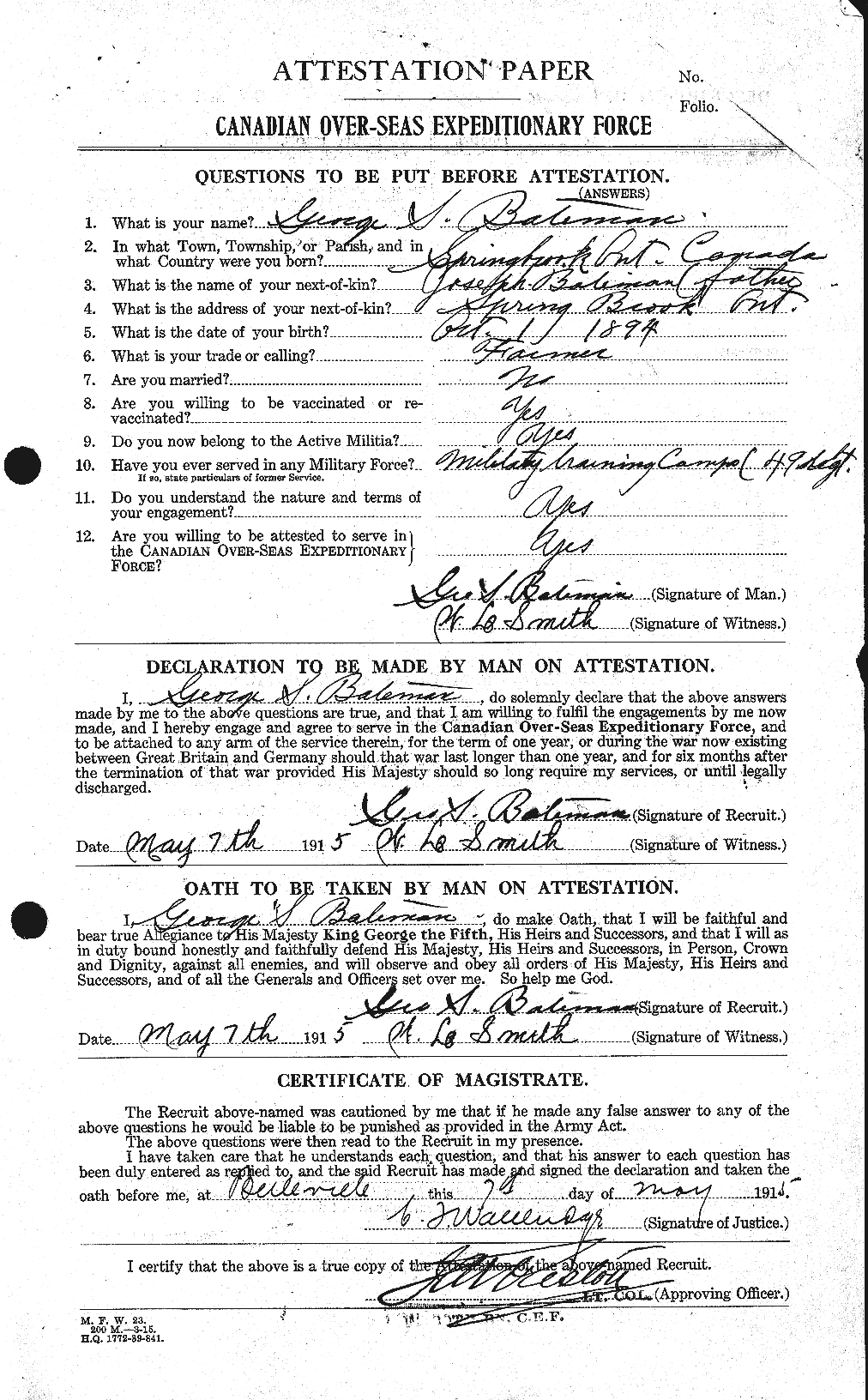 Dossiers du Personnel de la Première Guerre mondiale - CEC 228029a