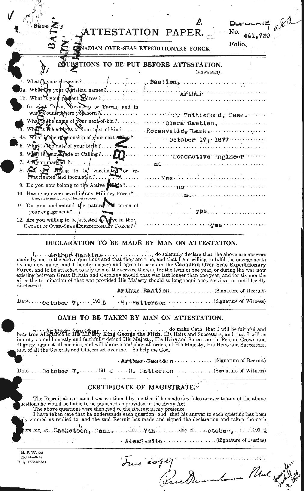 Dossiers du Personnel de la Première Guerre mondiale - CEC 228246a