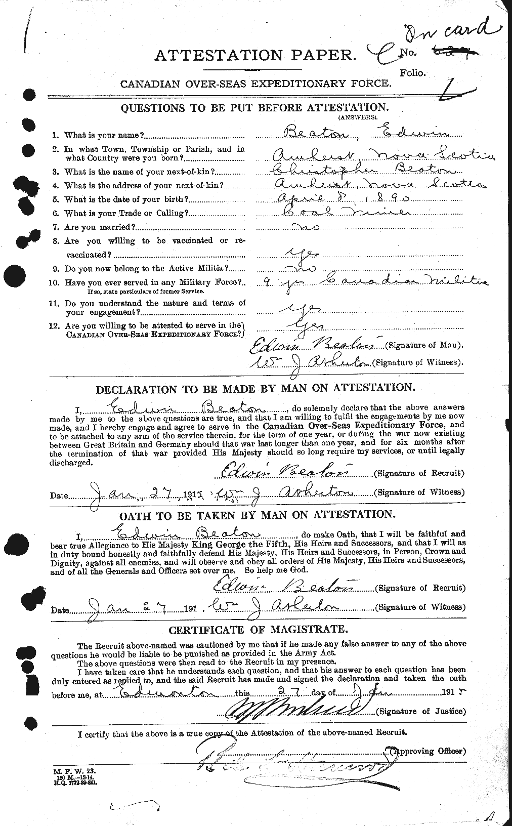 Dossiers du Personnel de la Première Guerre mondiale - CEC 230496a