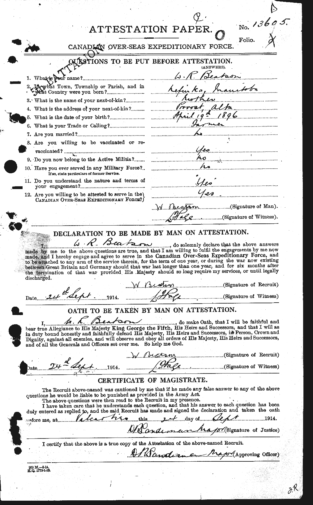 Dossiers du Personnel de la Première Guerre mondiale - CEC 230619a