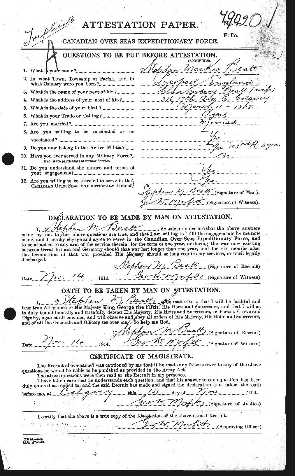 Dossiers du Personnel de la Première Guerre mondiale - CEC 230623a