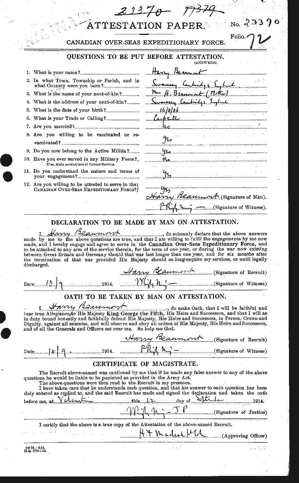 Dossiers du Personnel de la Première Guerre mondiale - CEC 231673a
