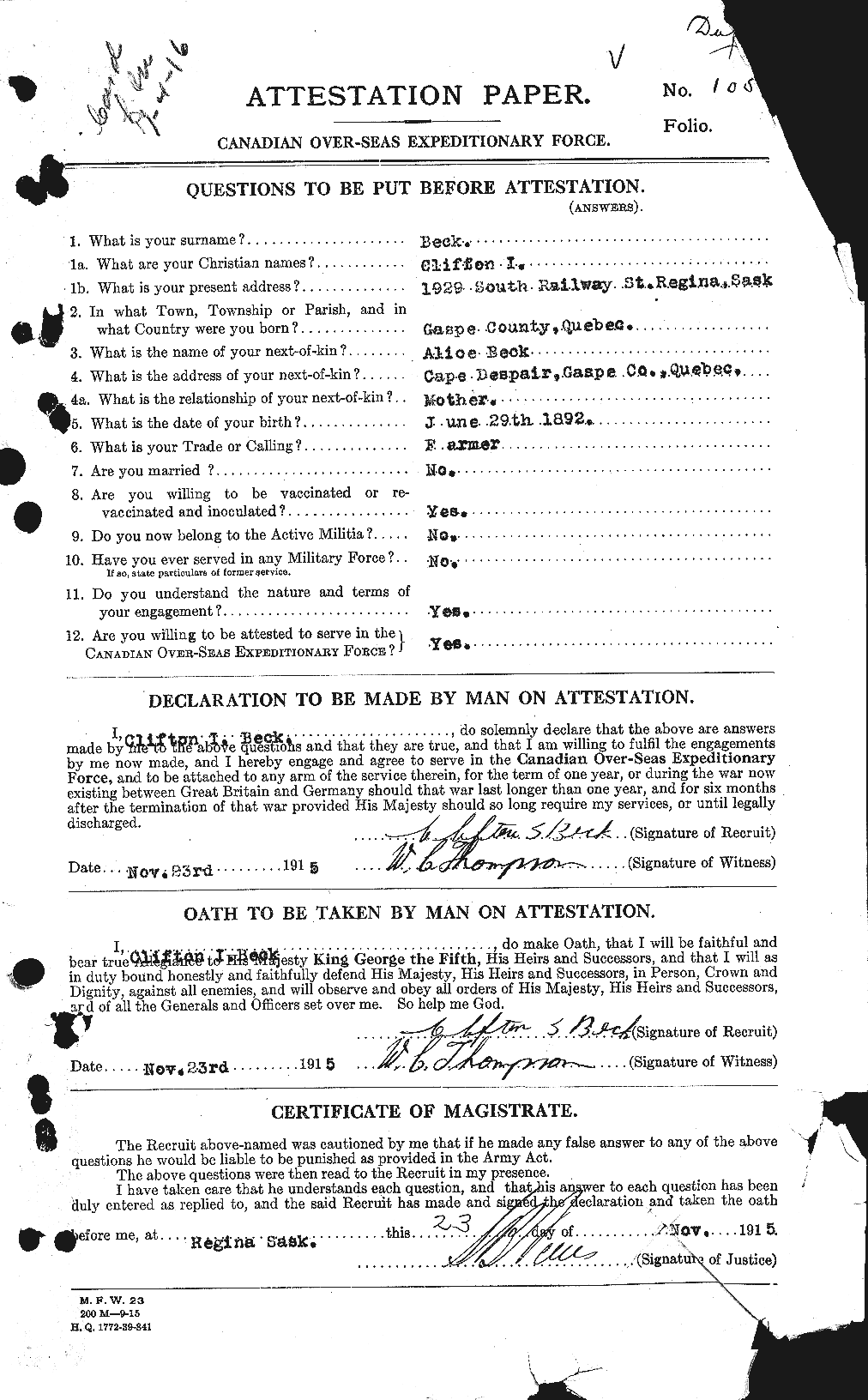 Dossiers du Personnel de la Première Guerre mondiale - CEC 232100a