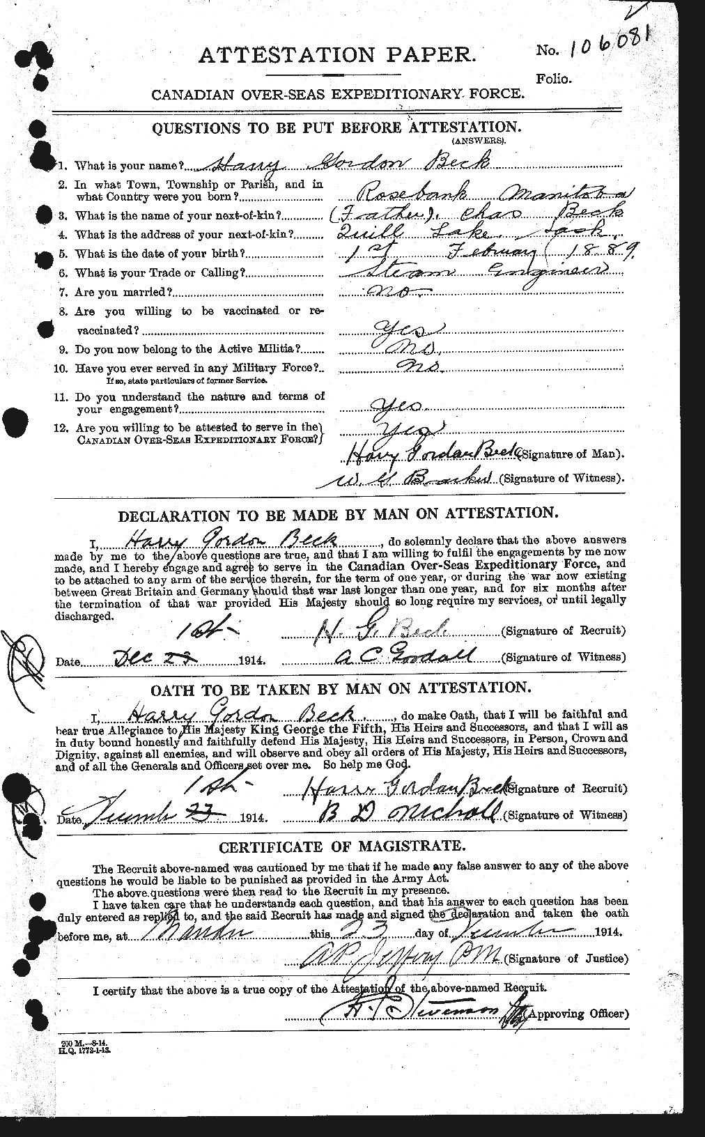Dossiers du Personnel de la Première Guerre mondiale - CEC 232127a