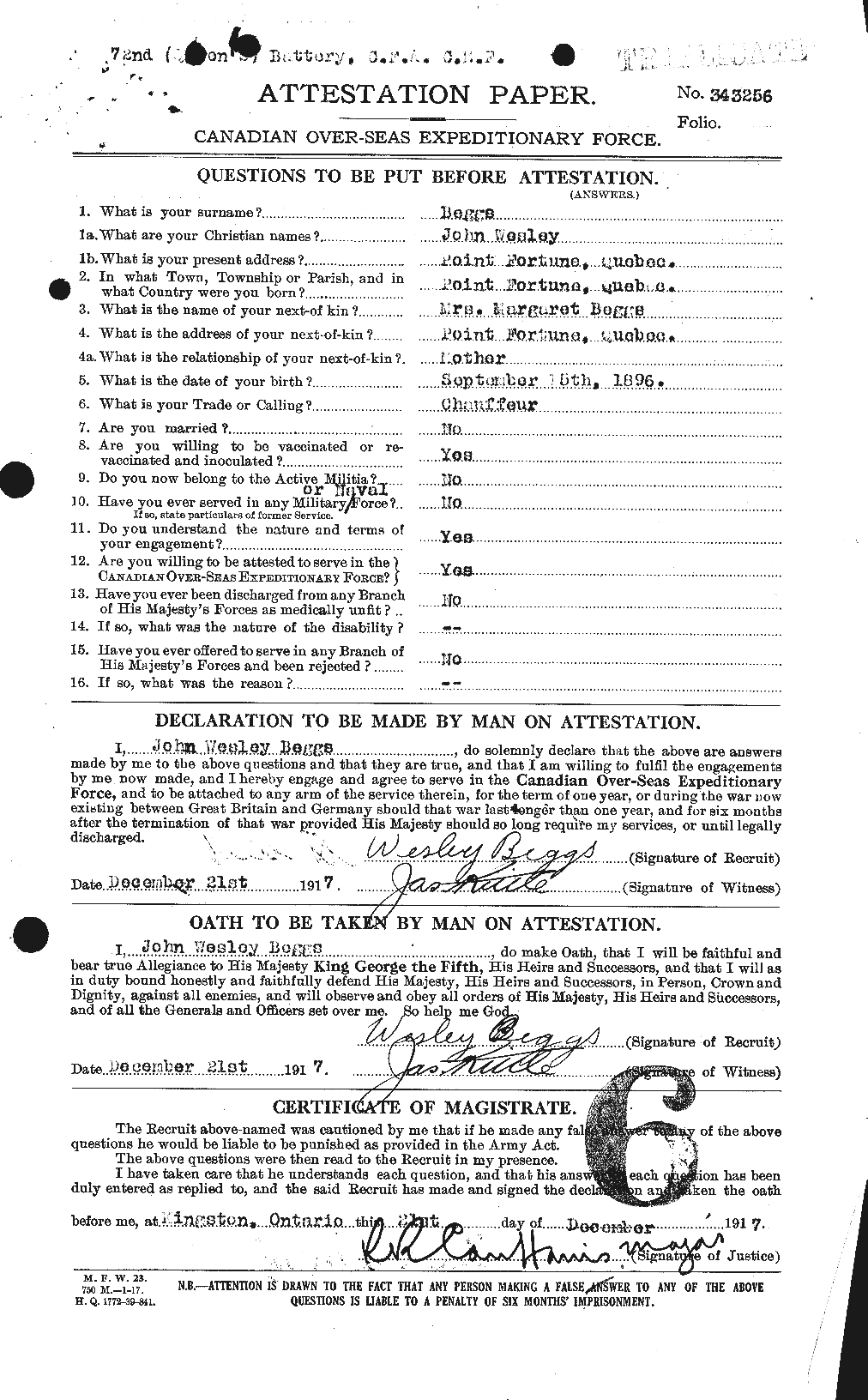 Dossiers du Personnel de la Première Guerre mondiale - CEC 232380a