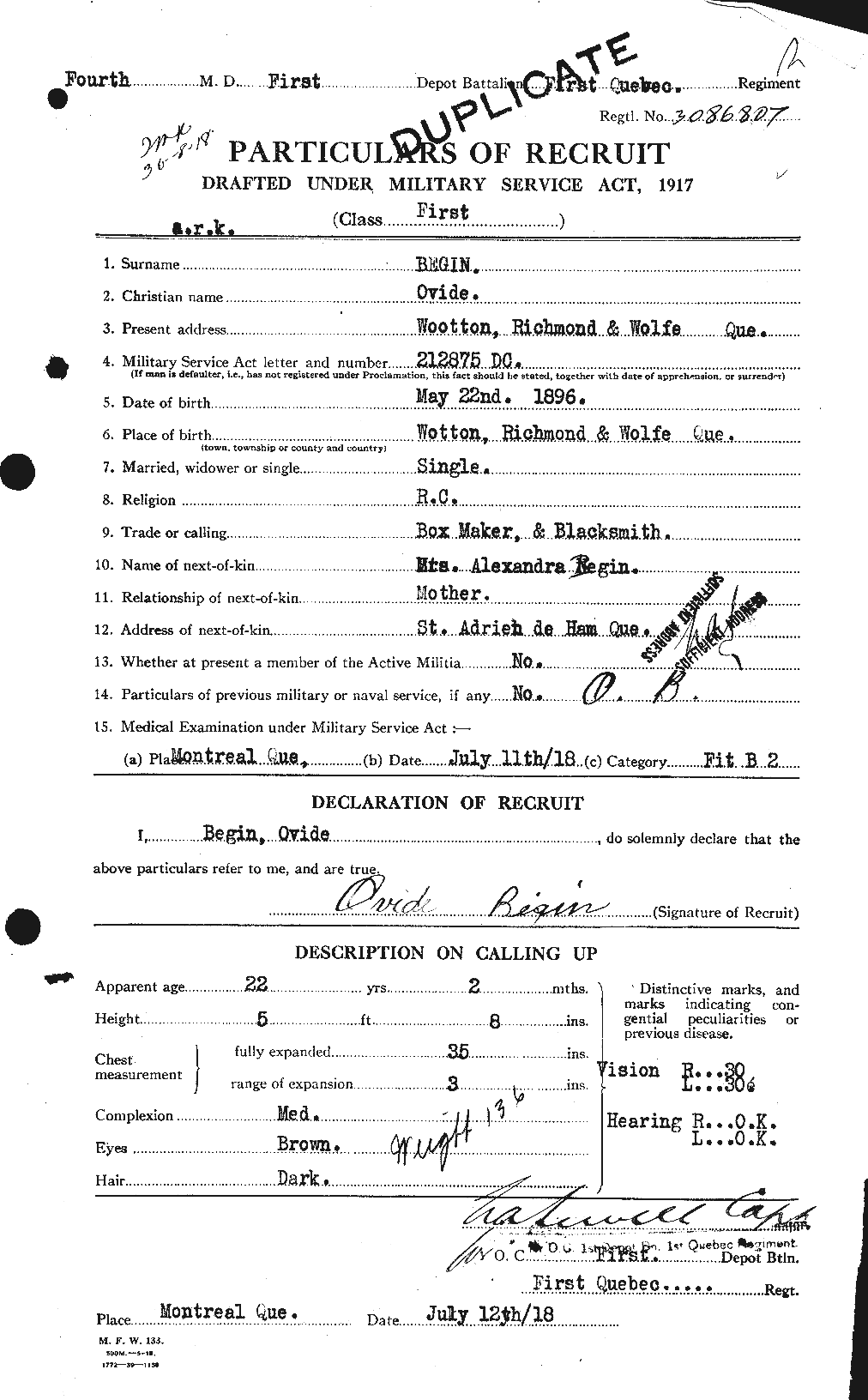 Dossiers du Personnel de la Première Guerre mondiale - CEC 232400a