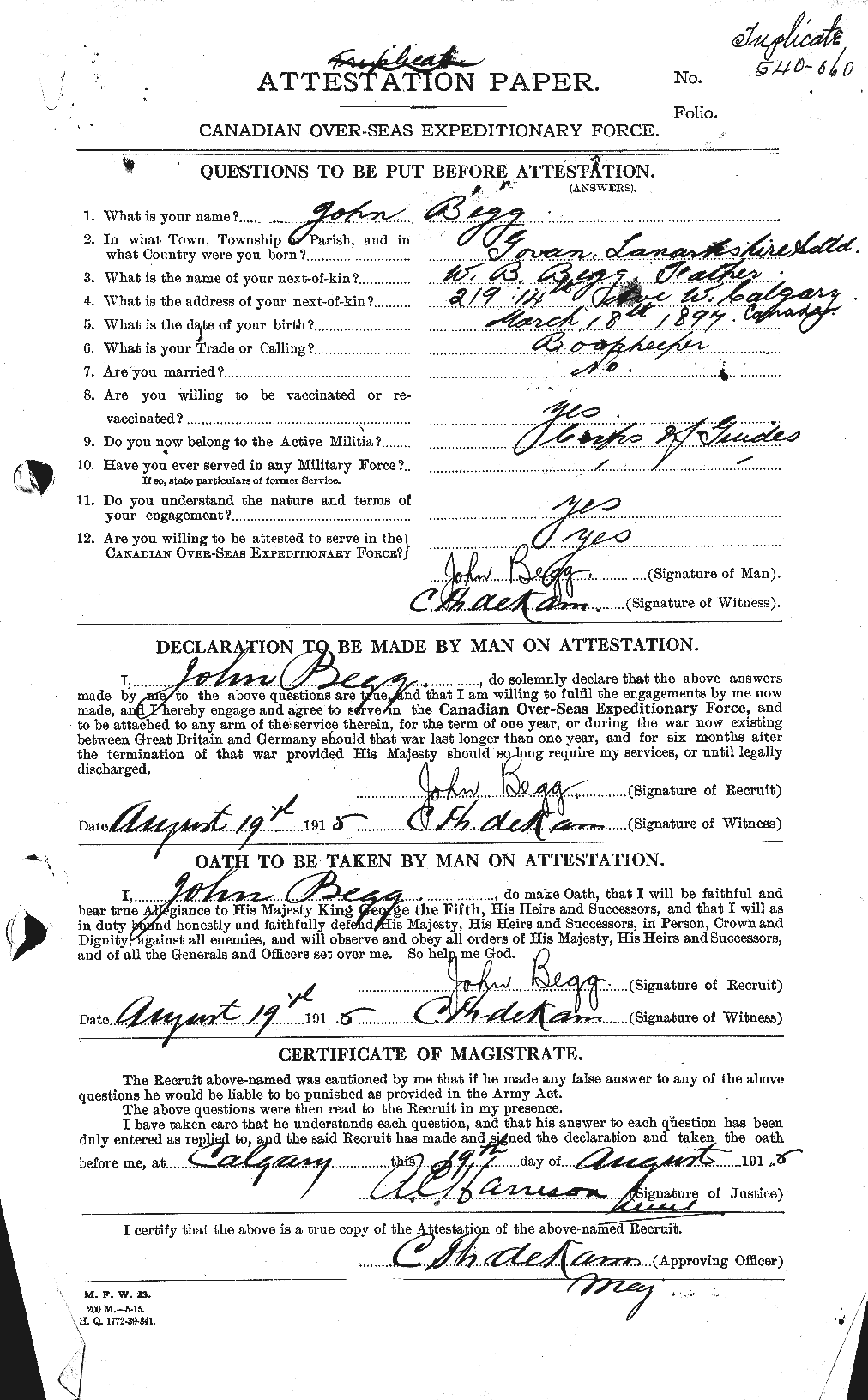 Dossiers du Personnel de la Première Guerre mondiale - CEC 232412a