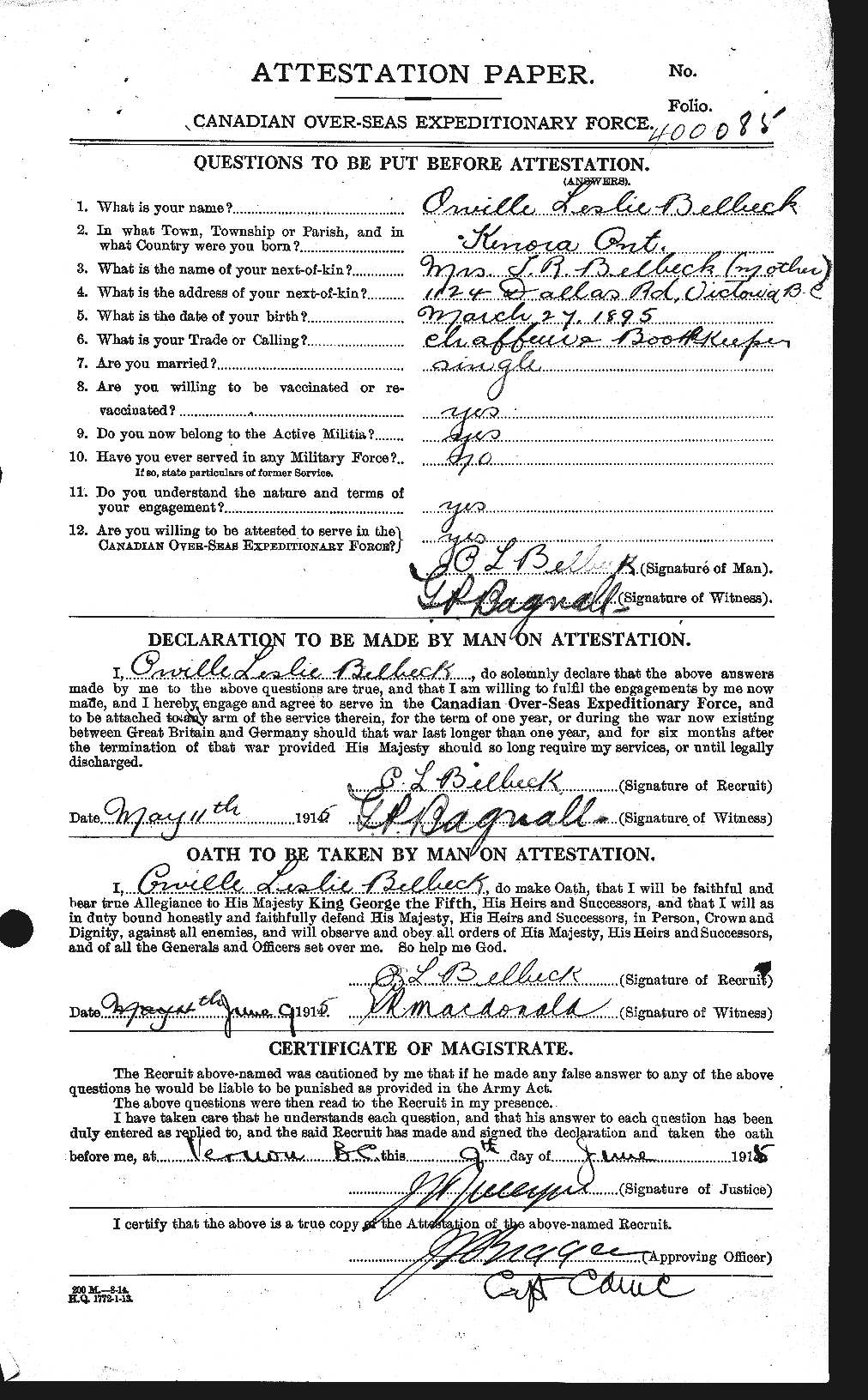 Dossiers du Personnel de la Première Guerre mondiale - CEC 232624a