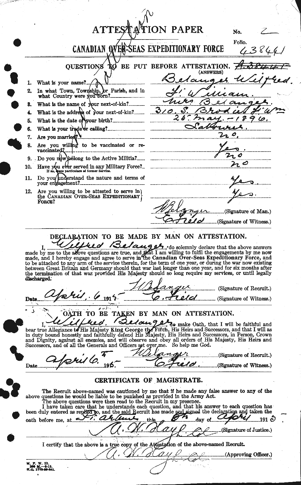 Dossiers du Personnel de la Première Guerre mondiale - CEC 232643a