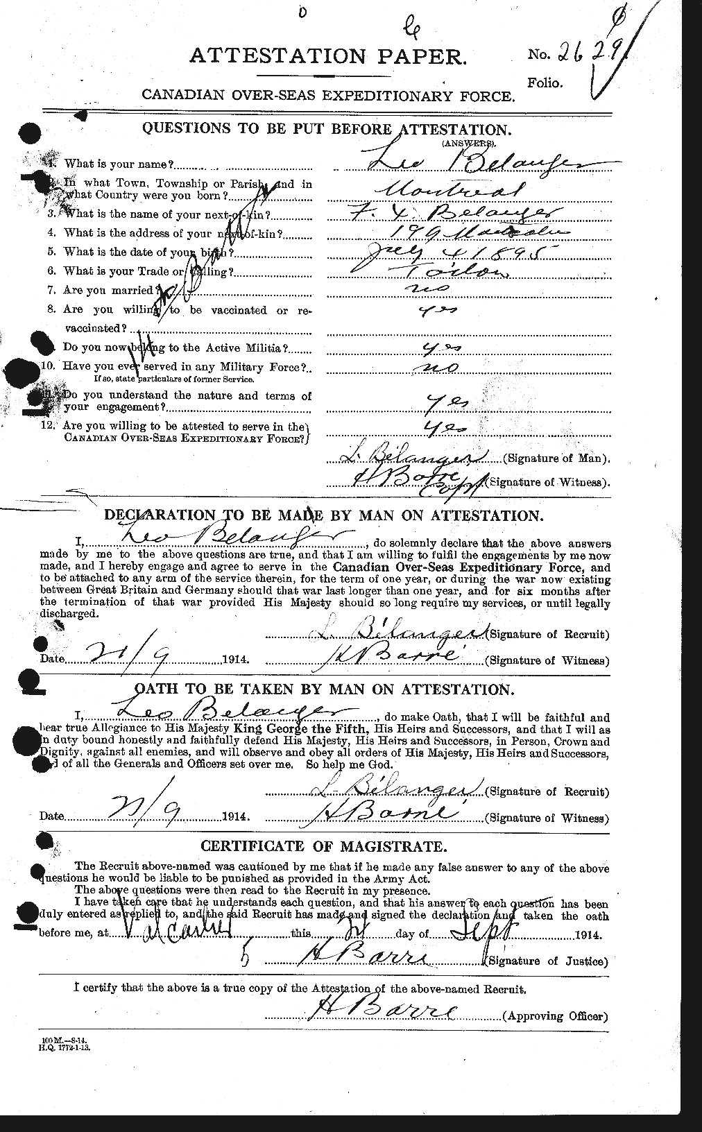 Dossiers du Personnel de la Première Guerre mondiale - CEC 232701a