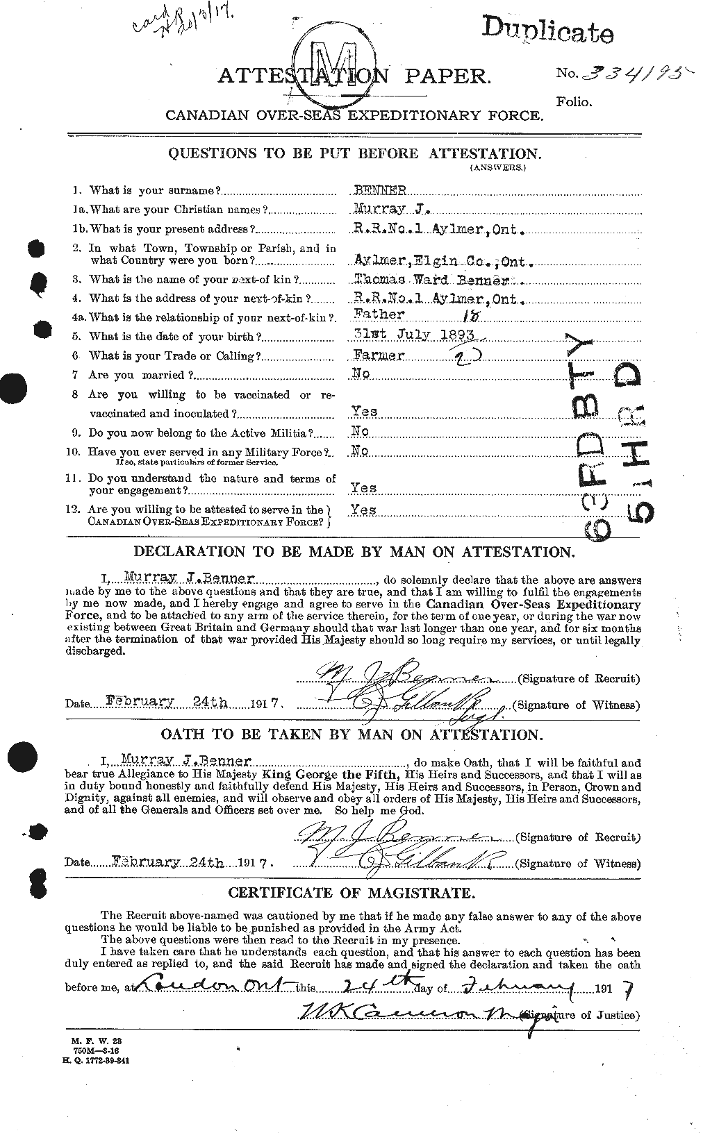Dossiers du Personnel de la Première Guerre mondiale - CEC 233249a