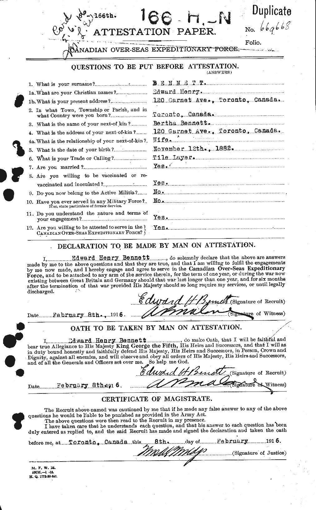 Dossiers du Personnel de la Première Guerre mondiale - CEC 233463a