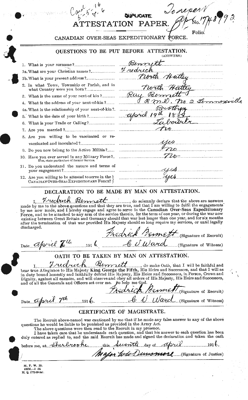 Dossiers du Personnel de la Première Guerre mondiale - CEC 233521a