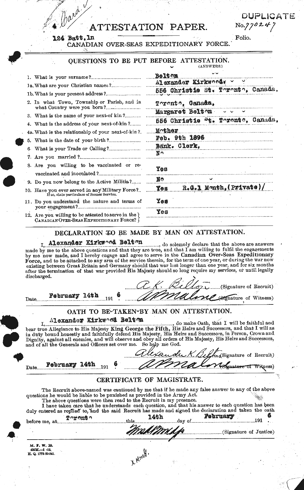 Dossiers du Personnel de la Première Guerre mondiale - CEC 233648a