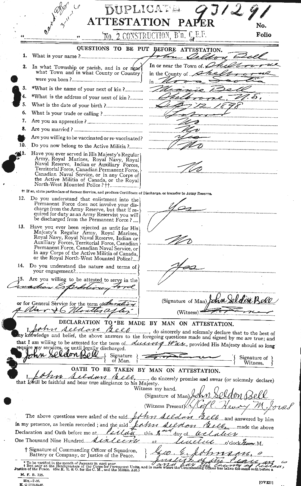 Dossiers du Personnel de la Première Guerre mondiale - CEC 234450a