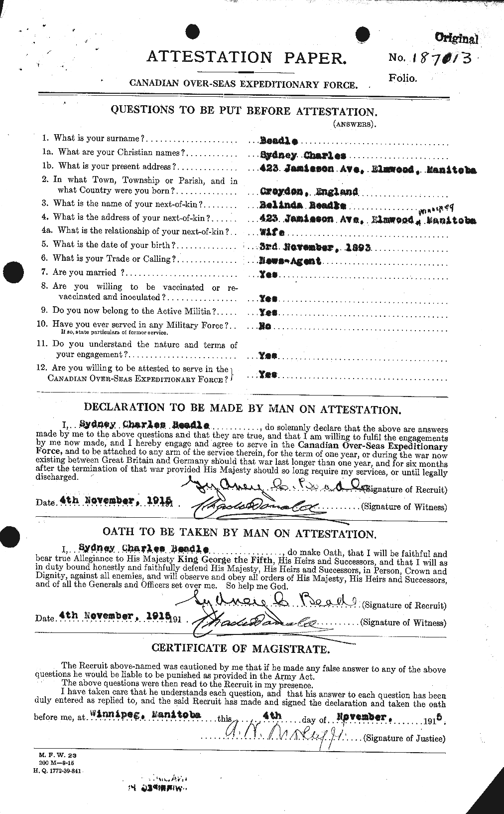 Dossiers du Personnel de la Première Guerre mondiale - CEC 235204a
