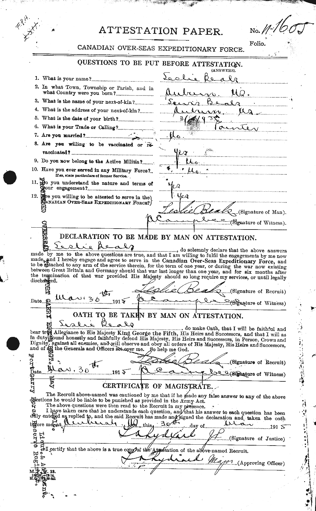 Dossiers du Personnel de la Première Guerre mondiale - CEC 235393a