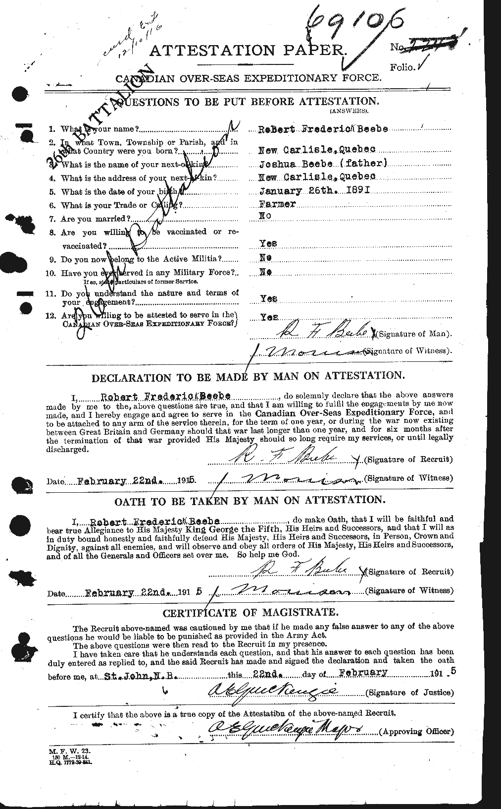 Dossiers du Personnel de la Première Guerre mondiale - CEC 236302a