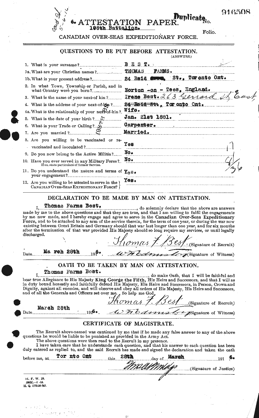 Dossiers du Personnel de la Première Guerre mondiale - CEC 236885a