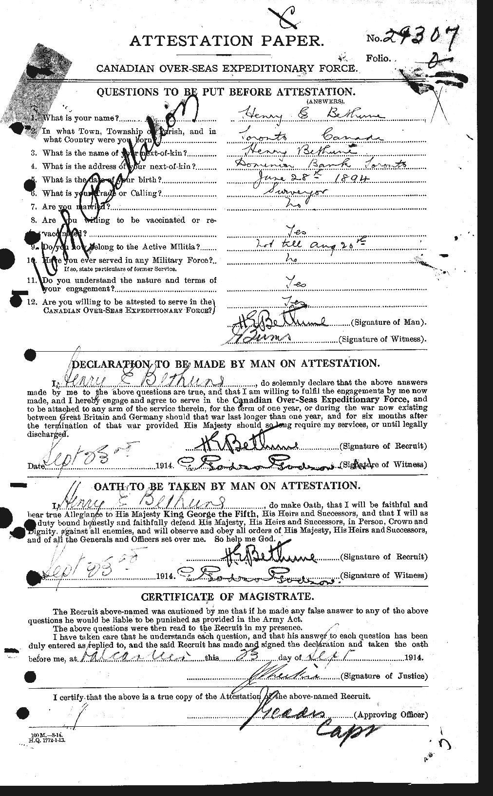 Dossiers du Personnel de la Première Guerre mondiale - CEC 237016a