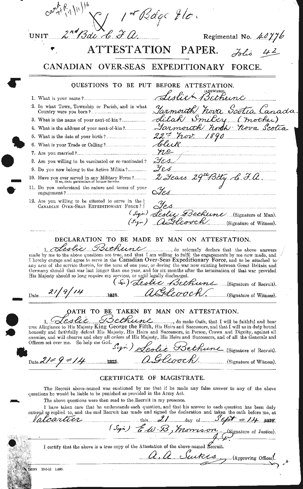 Dossiers du Personnel de la Première Guerre mondiale - CEC 237031a