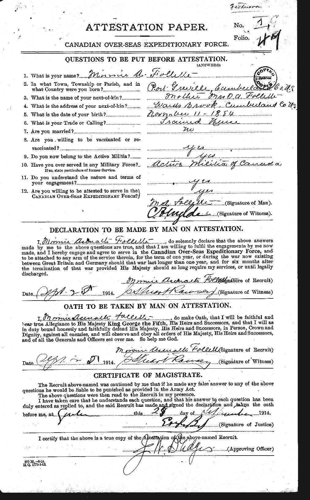 Dossiers du Personnel de la Première Guerre mondiale - CEC 237289a