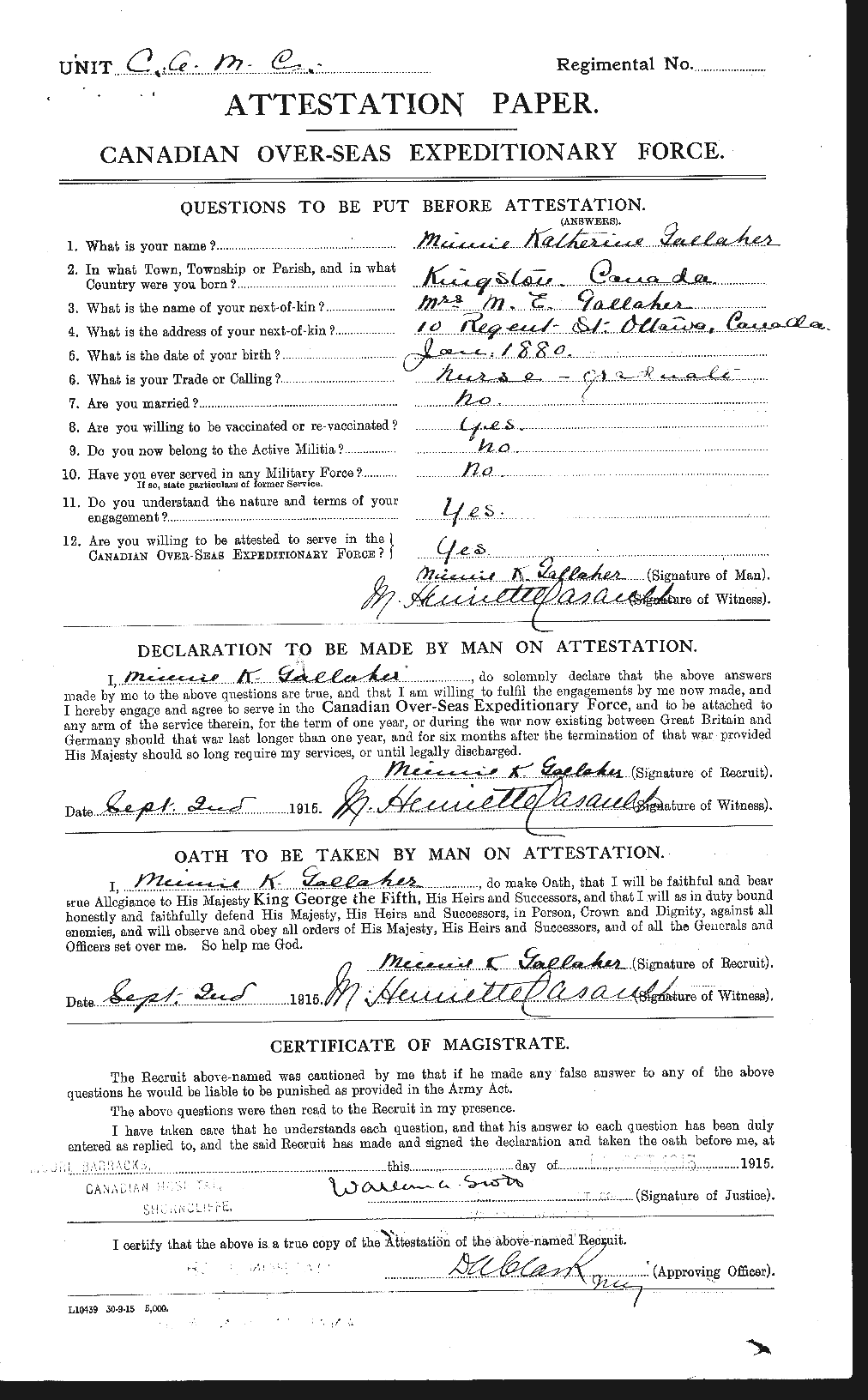 Dossiers du Personnel de la Première Guerre mondiale - CEC 237293a