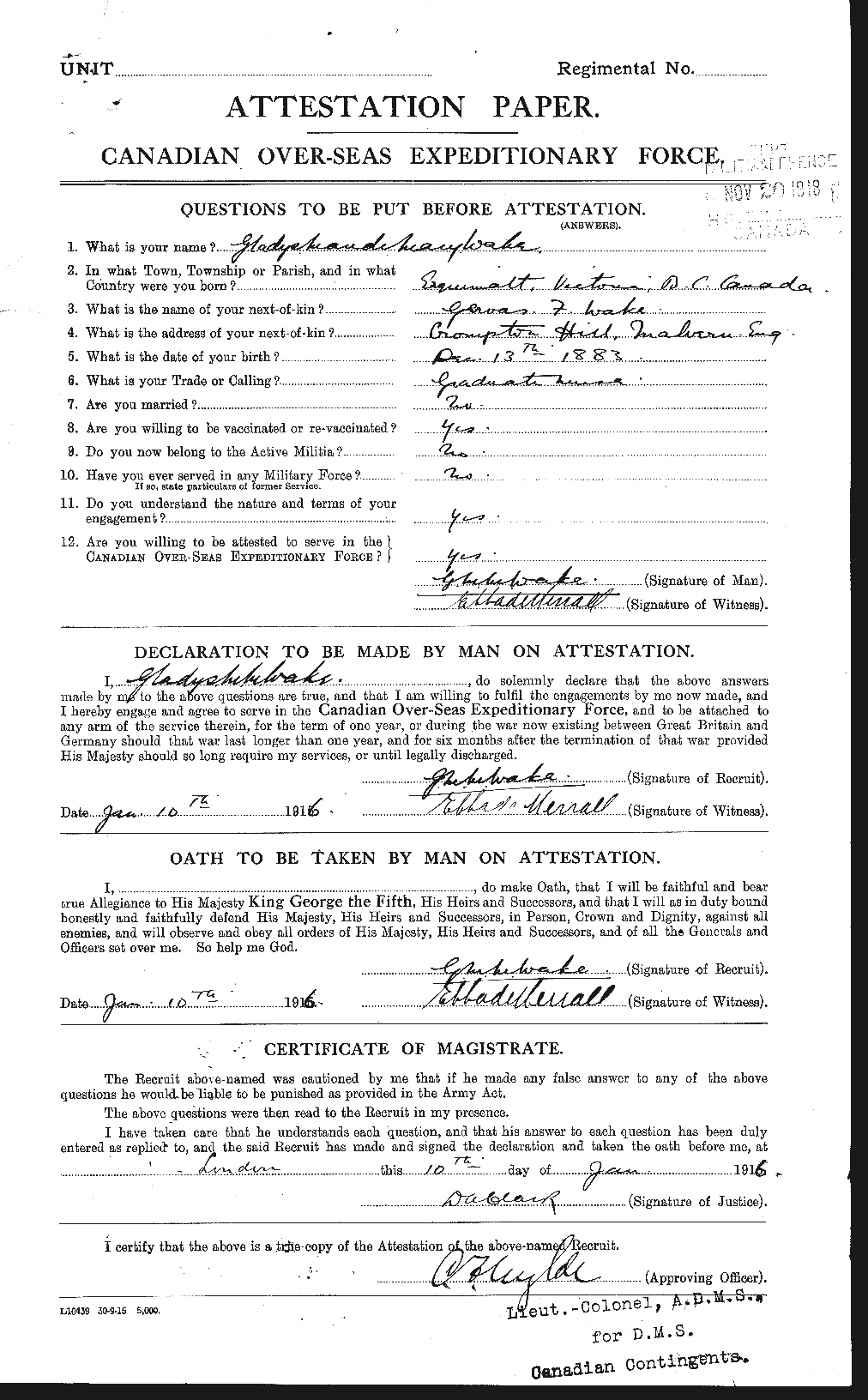 Dossiers du Personnel de la Première Guerre mondiale - CEC 237315a