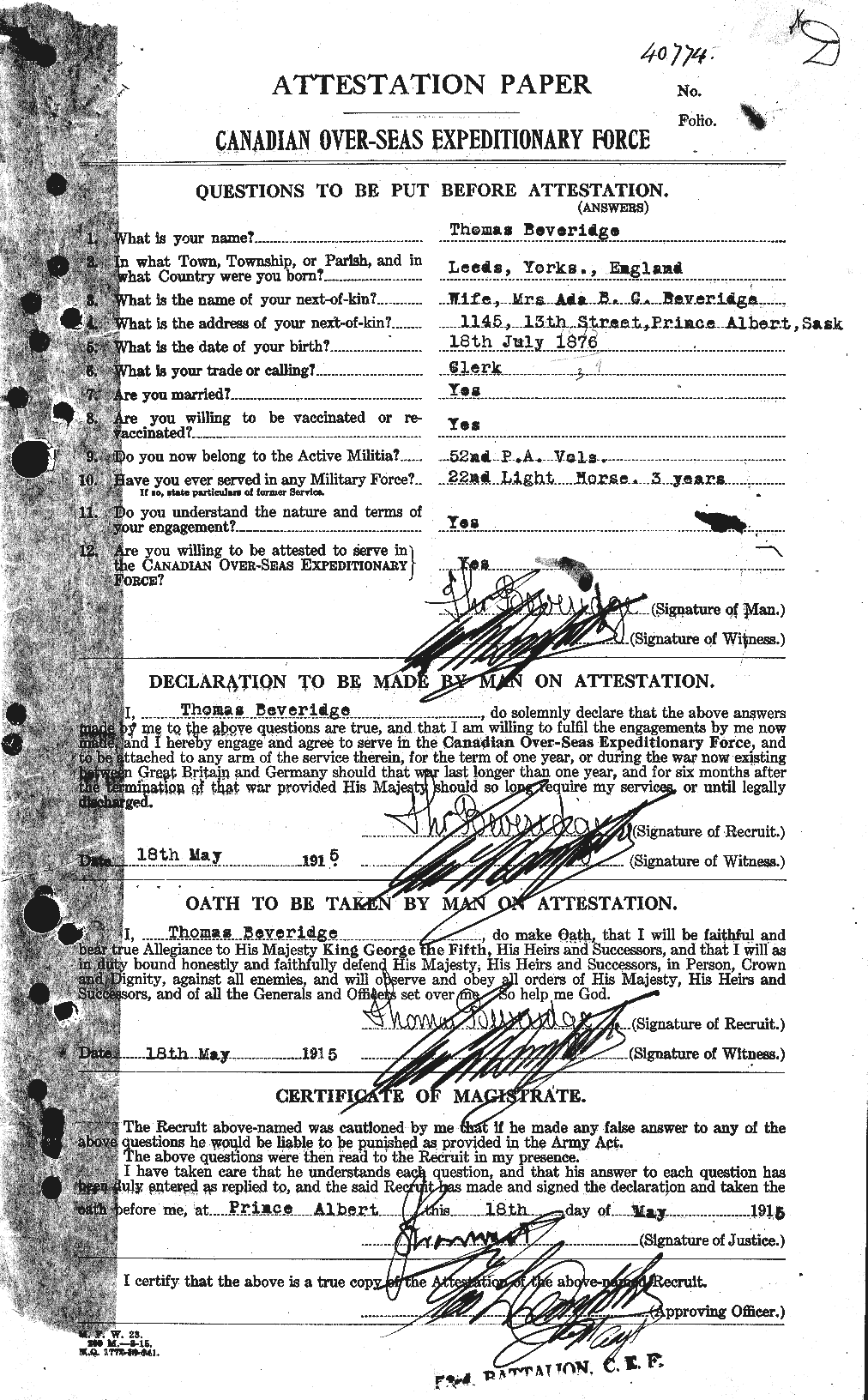 Dossiers du Personnel de la Première Guerre mondiale - CEC 237381a
